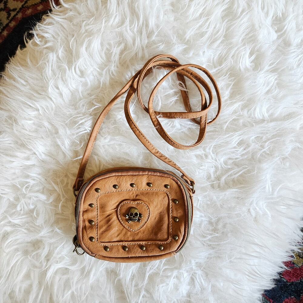 Brown Faux Leather Skull Studded Crossbody Bag